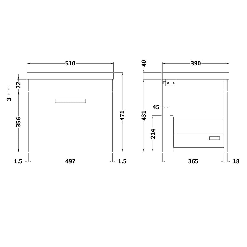 Cape 500mm Wall Hung Single Drawer Vanity Unit & Mid-Edge Basin - Grey Avola