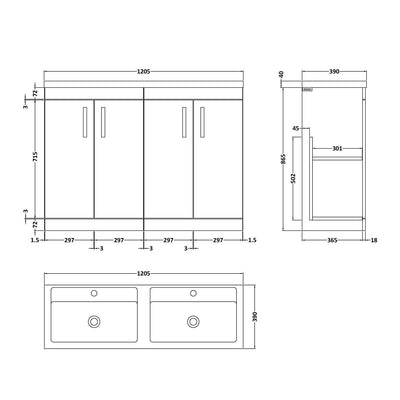Cape 1200mm Floor Standing 4 Door Vanity Unit & Double Basin - Natural Oak