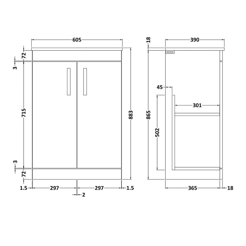 Cape 600mm Floor Standing 2 Door Vanity Unit & Worktop - Grey Avola