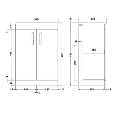 Cape 600mm Floor Standing 2 Door Vanity Unit & Worktop - Gloss White