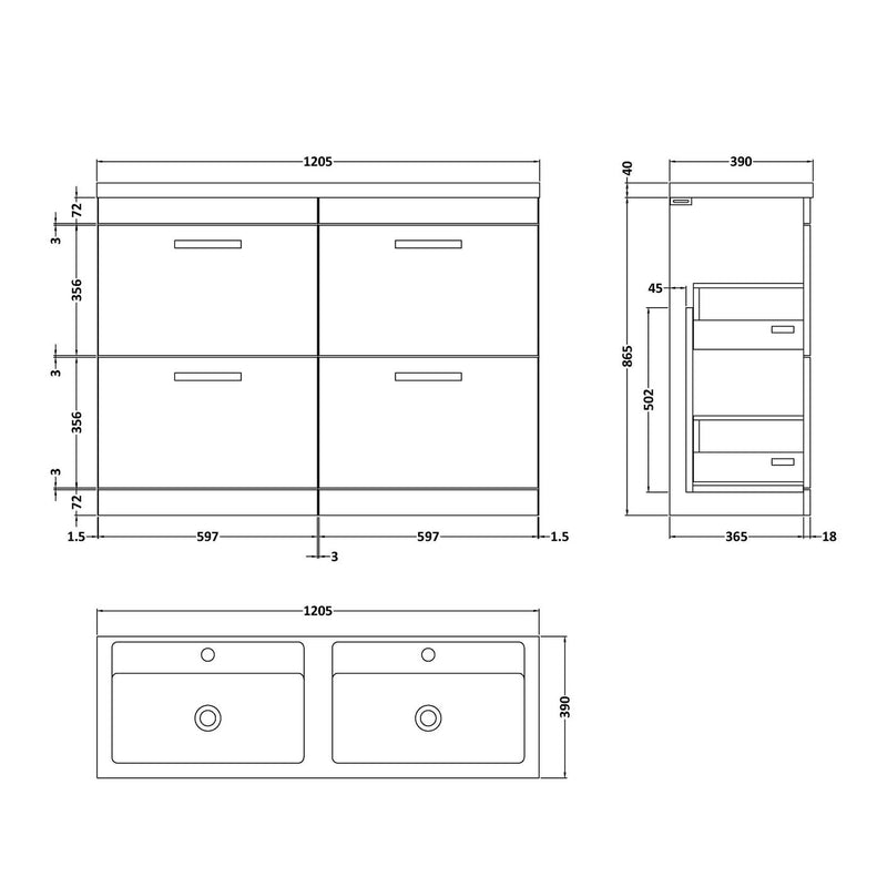 Cape 1200mm Floor Standing 4 Drawer Vanity Unit & Double Basin Brown - Grey Avola