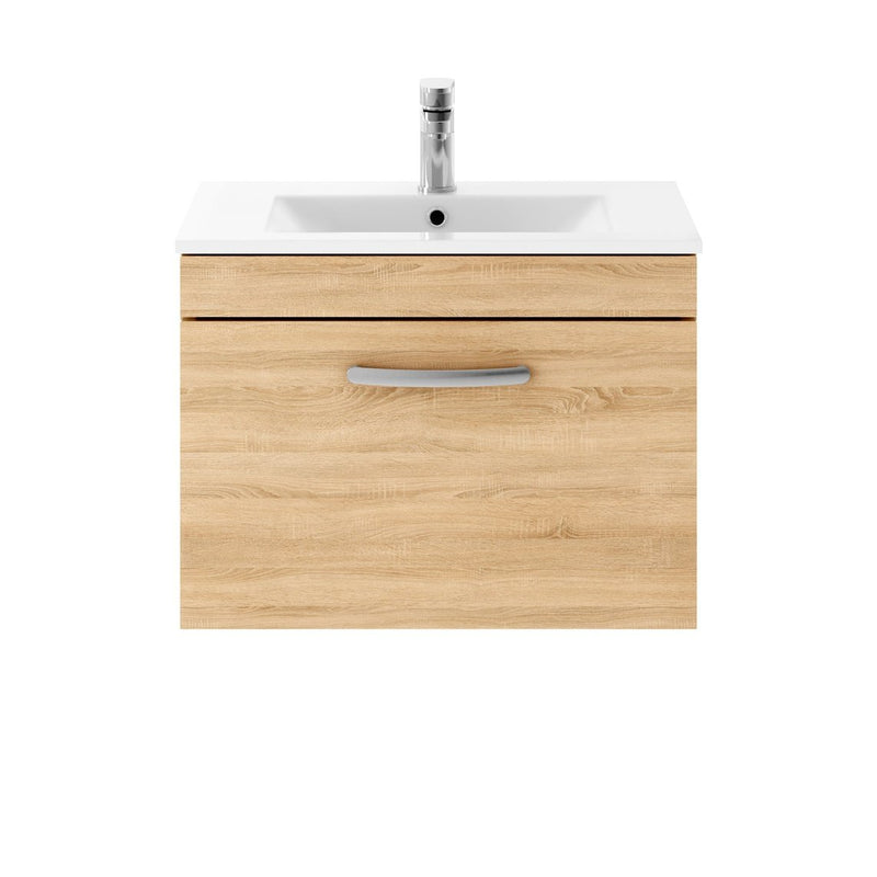 Lana 600mm Wall Hung Single Drawer Vanity Unit & Minimalist Basin - Natural Oak