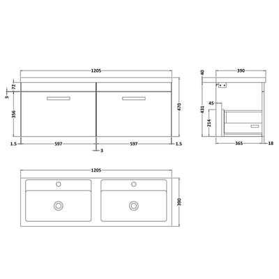 Cape 1200mm Wall Hung 2 Drawer Vanity Unit & Double Basin - Natural Oak