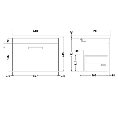 Cape 600mm Wall Hung Single Drawer Vanity Unit & Mid-Edge Basin - Grey Avola