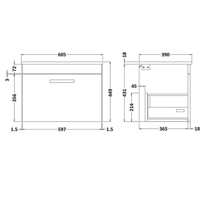 Cape 600mm Wall Hung Single Drawer Vanity Unit & Worktop - Grey Avola