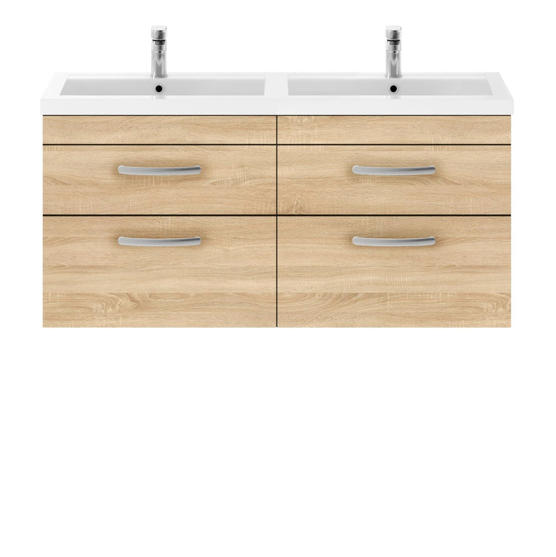 Cape 1200mm Wall Hung 4 Drawer Vanity Unit & Double Basin - Natural Oak