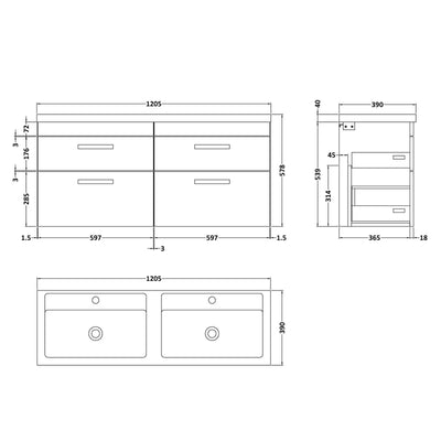 Cape 1200mm Wall Hung 4 Drawer Vanity Unit & Double Basin - Natural Oak