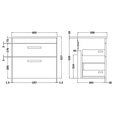 Cape 600mm Wall Hung 2 Drawer Vanity Unit & Worktop - Gloss White