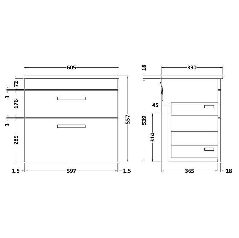 Cape 600mm Wall Hung 2 Drawer Vanity Unit & Worktop - Gloss White