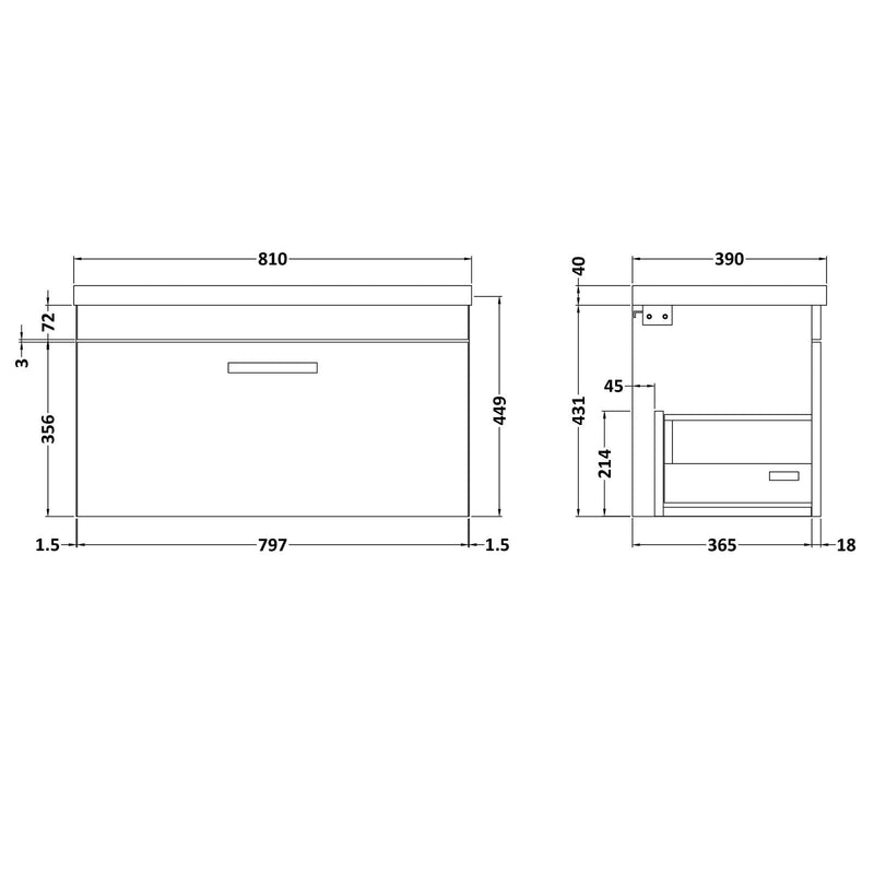 Cape 800mm Wall Hung Single Drawer Vanity Unit & Mid-Edge Basin - Grey Avola