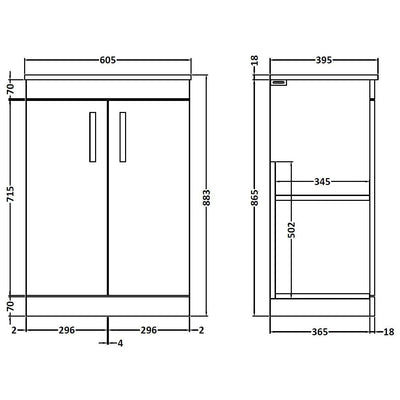 Cape 600mm Floor Standing 2 Door Vanity Unit & Worktop - Gloss Grey