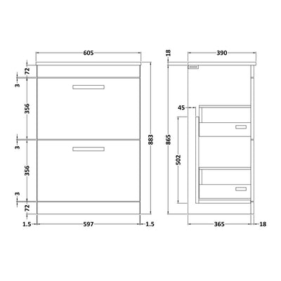 Cape 600mm Floor Standing 2 Drawer Vanity Unit & Worktop - Gloss Grey