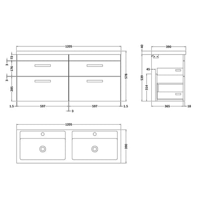 Cape 1200mm Wall Hung 4 Drawer Vanity Unit & Double Basin - Gloss Grey