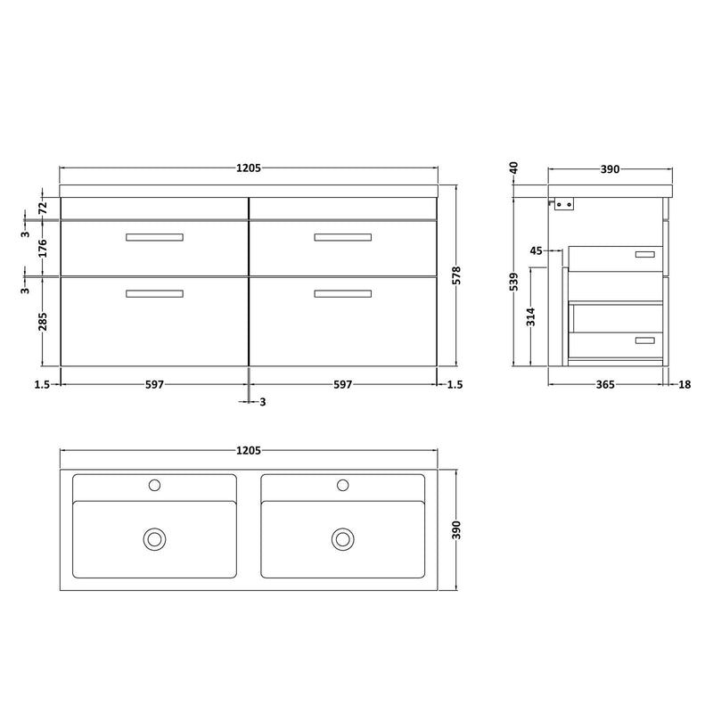 Cape 1200mm Wall Hung 4 Drawer Vanity Unit & Double Basin - Gloss Grey