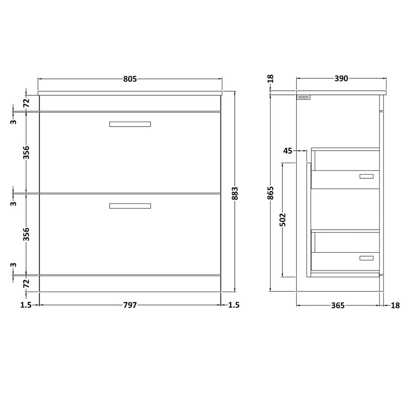 Cape 800mm Floor Standing 2 Drawer Vanity Unit & Worktop - Gloss Grey