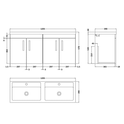 Cape 1200mm Wall Hung 4 Door Vanity Unit & Double Basin - Hacienda Black
