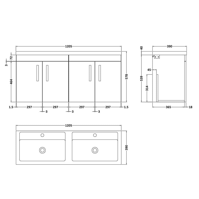 Cape 1200mm Wall Hung 4 Door Vanity Unit & Double Basin - Hacienda Black
