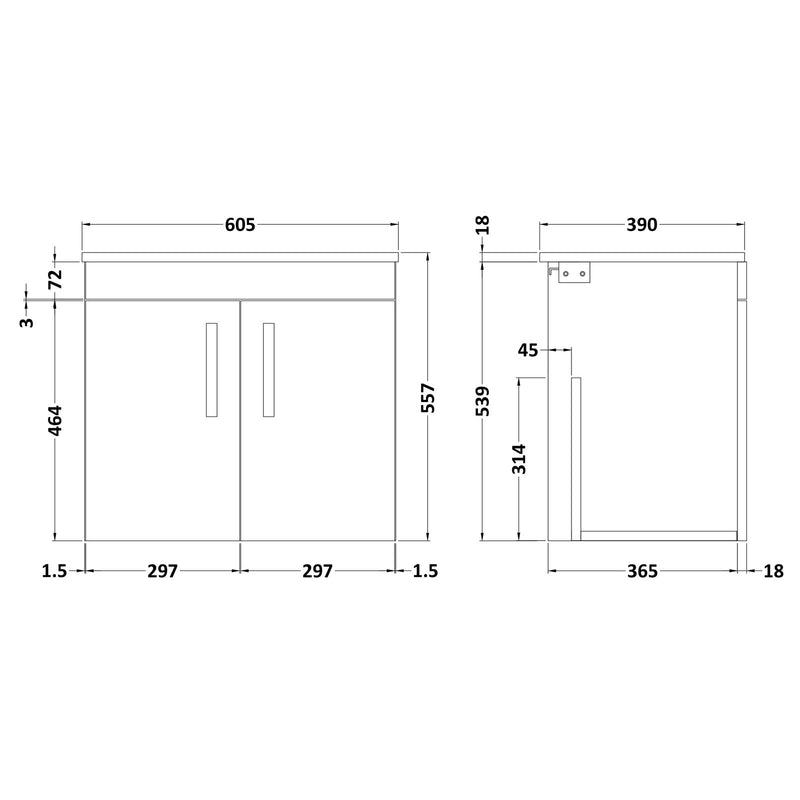 Cape 600mm Wall Hung 2 Door Vanity Unit & Worktop - Gloss White