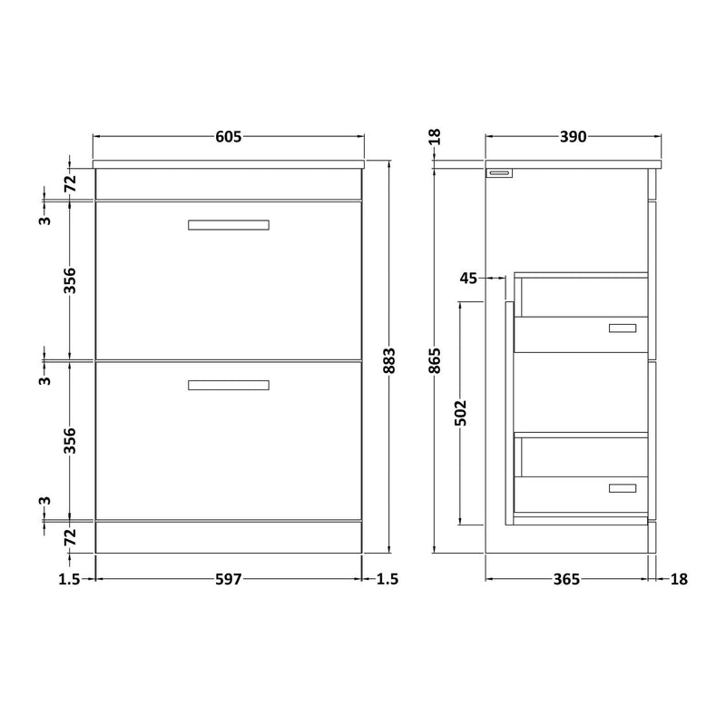 Cape 600mm Floor Standing 2 Drawer Vanity Unit & Worktop - Gloss Grey Mist