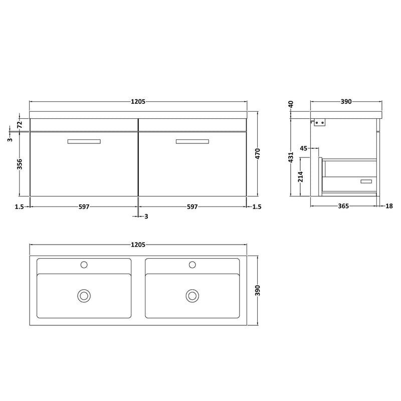Cape 1200mm Wall Hung 2 Drawer Vanity Unit & Double Basin - Gloss Grey Mist