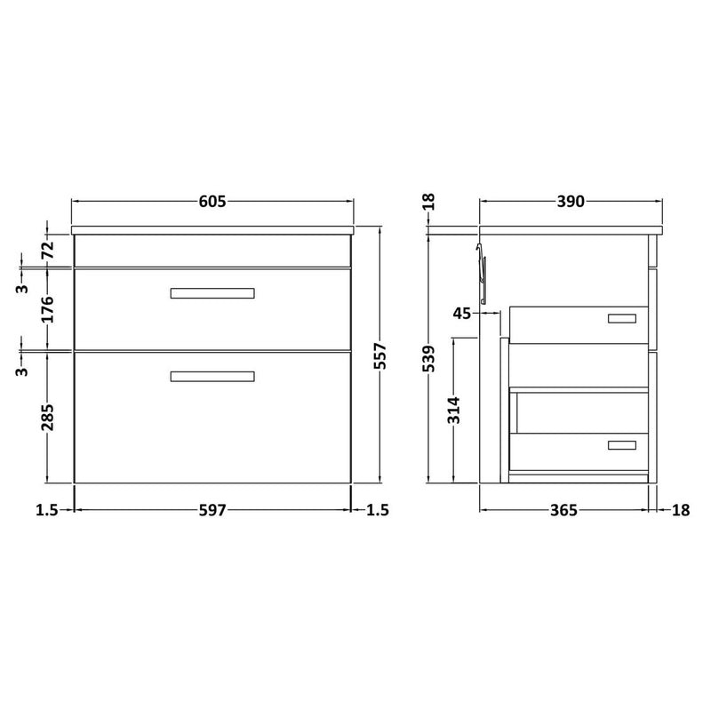 Cape 600mm Wall Hung 2 Drawer Vanity Unit & Worktop - Gloss Grey Mist