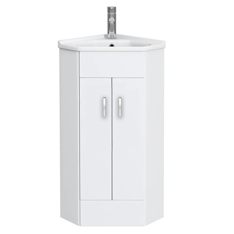Nuie Mayford Cloakroom 555 x 395mm Floor Standing Corner Vanity Unit With 2 Doors & Ceramic Basin - Gloss White