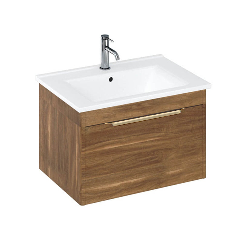 Britton Bathrooms Shoreditch 650mm Single Drawer Vanity Unit With Note Square Basin & Brushed Brass Handle - Caramel