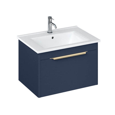 Britton Bathrooms Shoreditch 550mm Single Drawer Vanity Unit With Note Square Basin & Brushed Brass Handle - Matt Blue