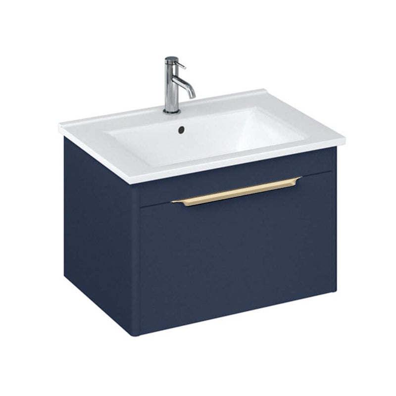 Britton Bathrooms Shoreditch 550mm Single Drawer Vanity Unit With Note Square Basin & Brushed Brass Handle - Matt Blue