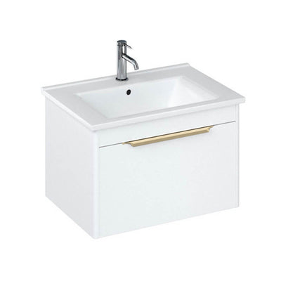 Britton Bathrooms Shoreditch 650mm Single Drawer Vanity Unit With Note Square Basin & Brushed Brass Handle - Matt White