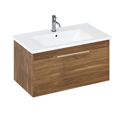 Britton Bathrooms Shoreditch 850mm Single Drawer Vanity Unit With Note Square Basin & Brushed Brass Handle - Caramel