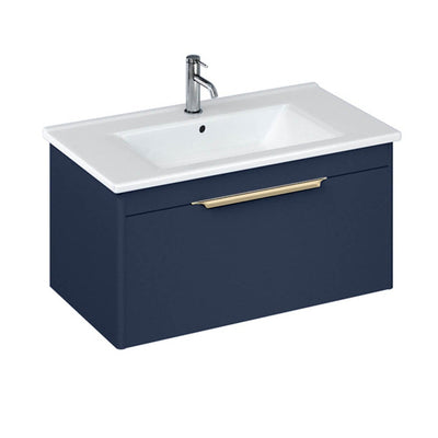 Britton Bathrooms Shoreditch 850mm Single Drawer Vanity Unit With Note Square Basin & Brushed Brass Handle - Matt Blue