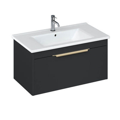 Britton Bathrooms Shoreditch 850mm Single Drawer Vanity Unit With Note Square Basin & Brushed Brass Handle - Matt Grey