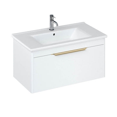 Britton Bathrooms Shoreditch 850mm Single Drawer Vanity Unit With Note Square Basin & Brushed Brass Handle - Matt White