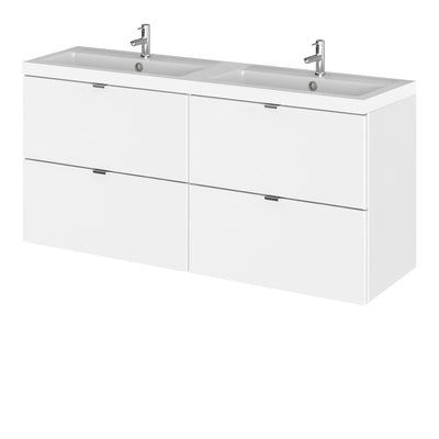 Hudson Reed Fusion Wall Hung 1200mm Vanity Unit With 4 Drawers & Twin Basin - Polymarble - White Gloss