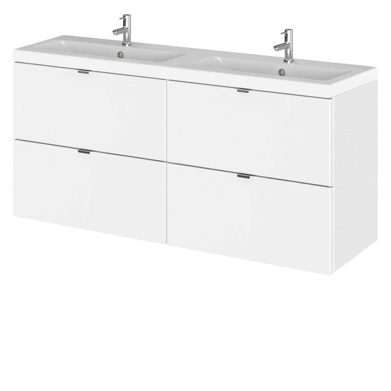 Hudson Reed Fusion Wall Hung 1200mm Vanity Unit With 4 Drawers & Twin Basin - Ceramic - White Gloss