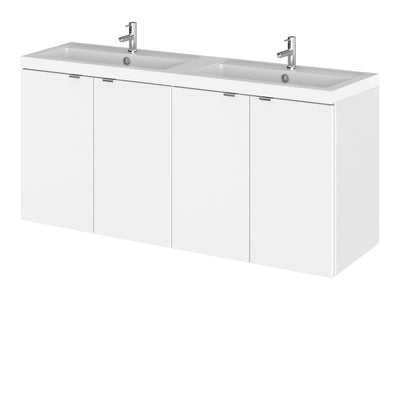 Hudson Reed Fusion Wall Hung 1200mm Vanity Unit With 4 Doors & Twin Basin - Polymarble - White Gloss