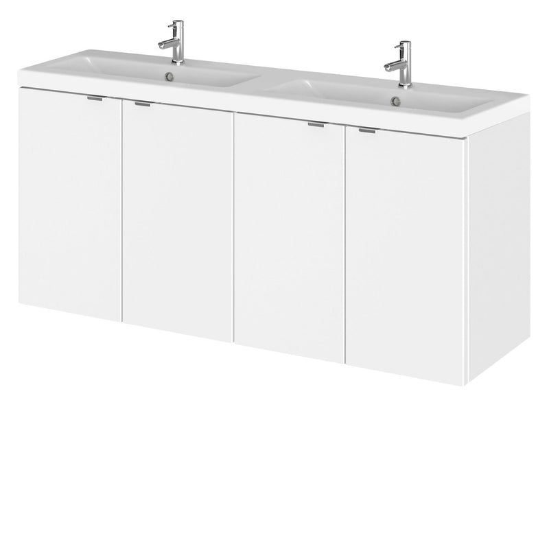 Hudson Reed Fusion Wall Hung 1200mm Vanity Unit With 4 Doors & Twin Basin - Ceramic - White Gloss