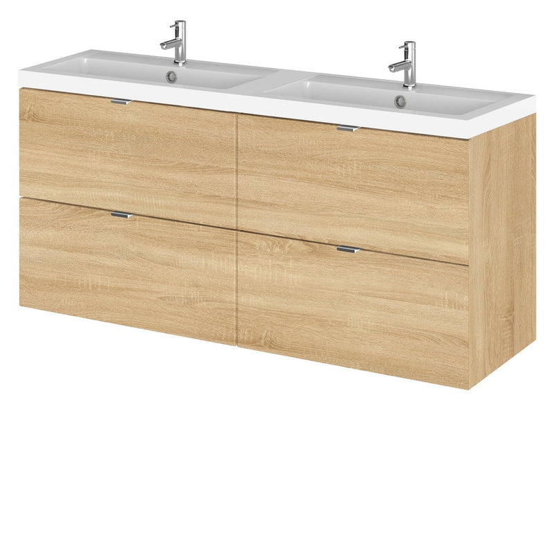 Hudson Reed Fusion Wall Hung 1200mm Vanity Unit With 4 Drawers & Twin Basin - Polymarble - Natural Oak