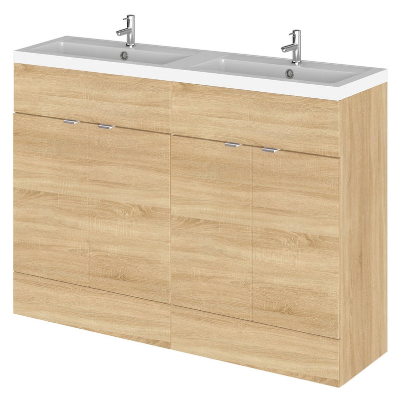 Hudson Reed Fusion Floor Standing 1200mm Vanity Unit & Twin Basin - Polymarble - Natural Oak