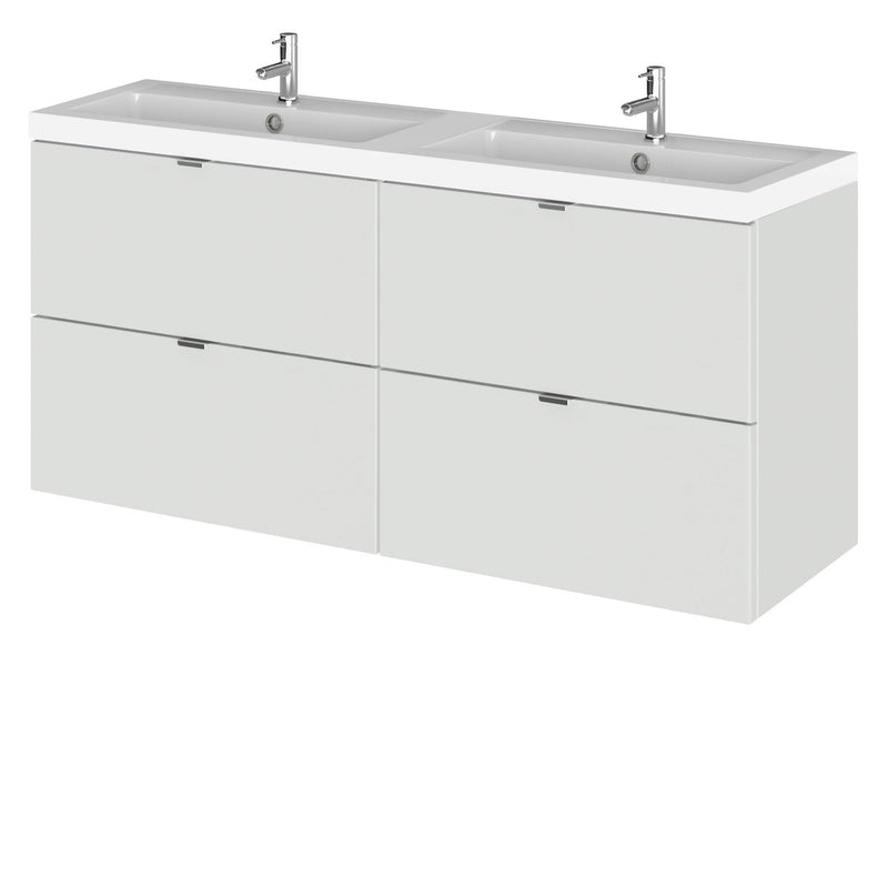 Hudson Reed Fusion Wall Hung 1200mm Vanity Unit With 4 Drawers & Twin Basin - Polymarble - Grey Mist Gloss
