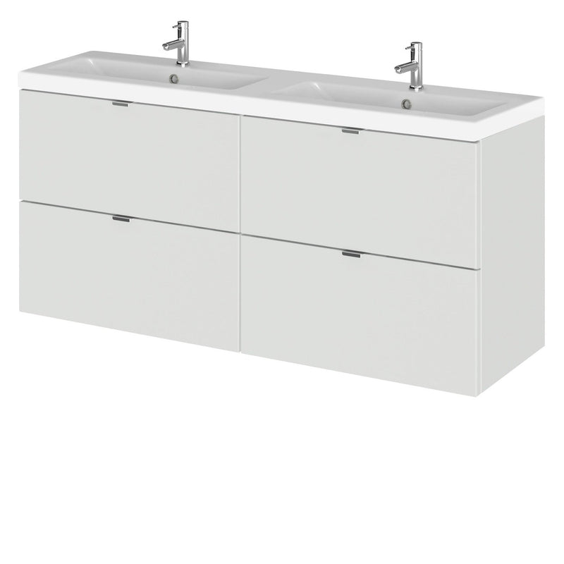 Hudson Reed Fusion Wall Hung 1200mm Vanity Unit With 4 Drawers & Twin Basin - Ceramic - Grey Mist Gloss