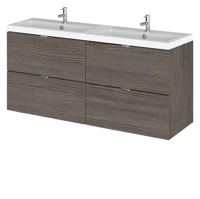 Hudson Reed Fusion Wall Hung 1200mm Vanity Unit With 4 Drawers & Twin Basin - Polymarble - Brown Grey Avola