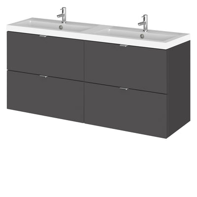 Hudson Reed Fusion Wall Hung 1200mm Vanity Unit With 4 Drawers & Twin Basin - Polymarble - Grey Gloss