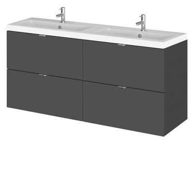 Hudson Reed Fusion Wall Hung 1200mm Vanity Unit With 4 Drawers & Twin Basin - Ceramic - Grey Gloss