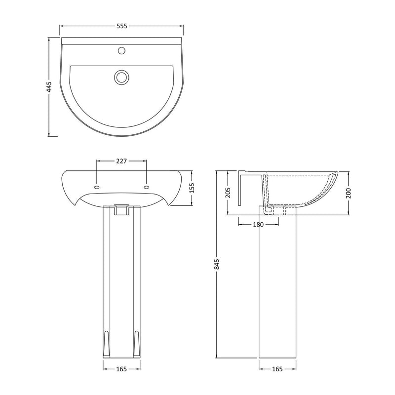 Jenson 550mm Basin With 1 Tap Hole & Full Pedestal