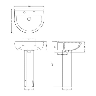 Jenson 550mm Basin With 2 Tap Hole & Full Pedestal