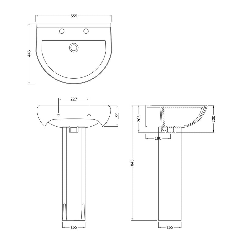 Jenson 550mm Basin With 2 Tap Hole & Full Pedestal