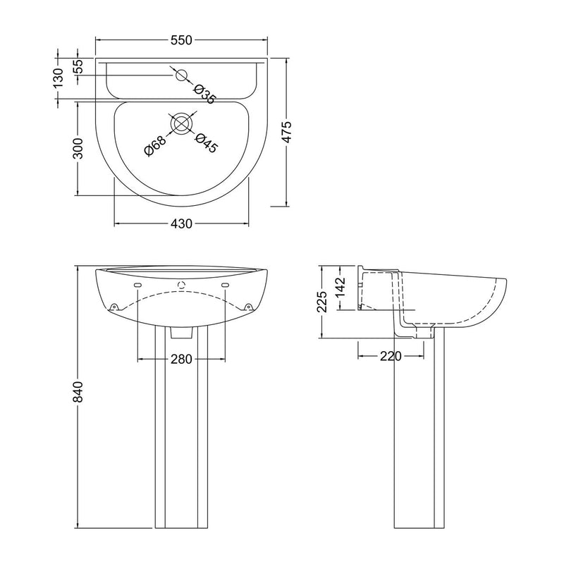 Layla 550mm Basin With 1 Tap Hole & Full Pedestal