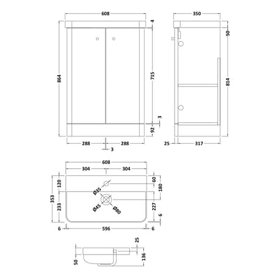 Nuie Core 600 x 335mm Floor Standing Vanity Unit With 2 Doors & Ceramic Basin